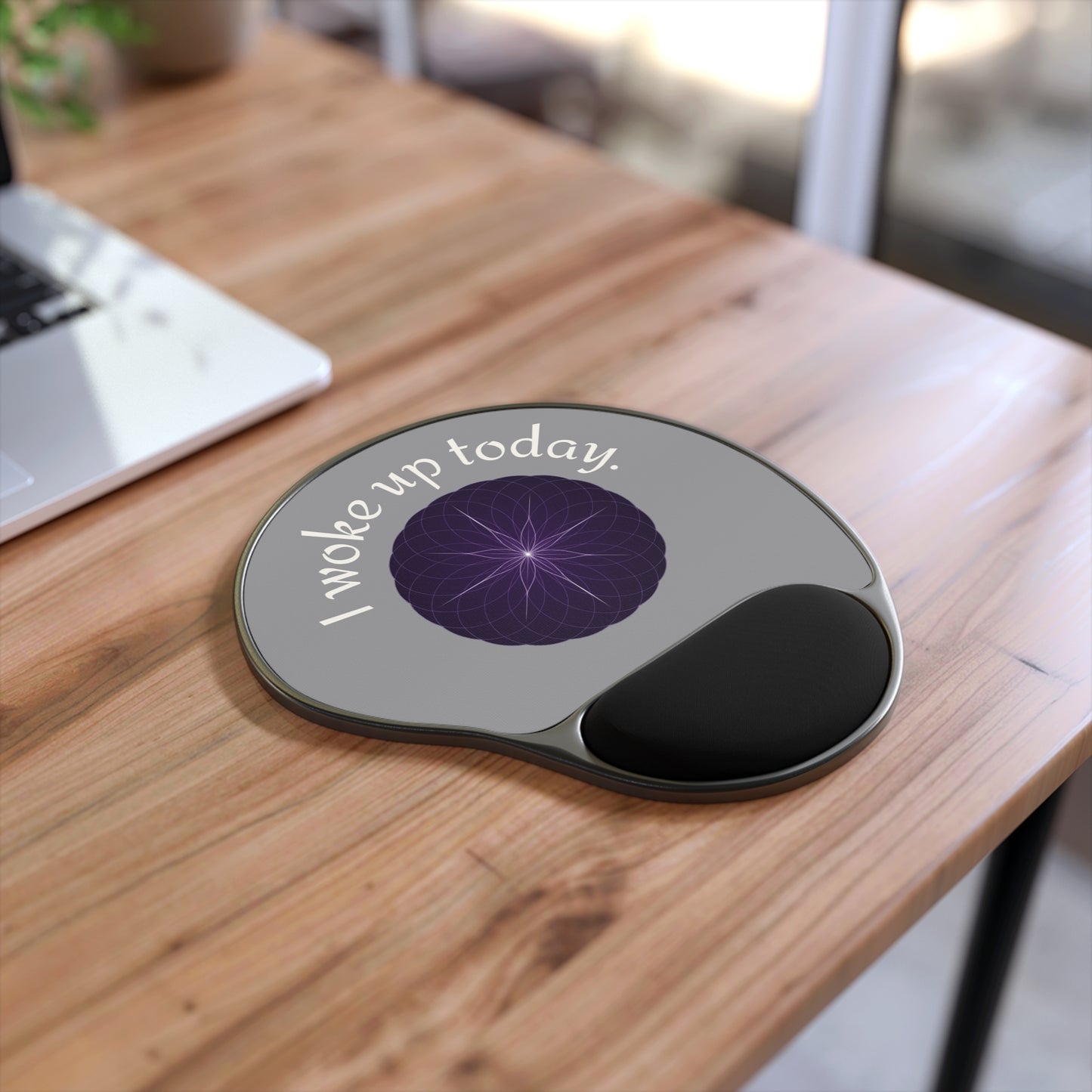 I Woke Up Today Gratitude- Motivational- Mouse Pad with Wrist Rest — Motivational Desk Mousepad, Grey & Purple
